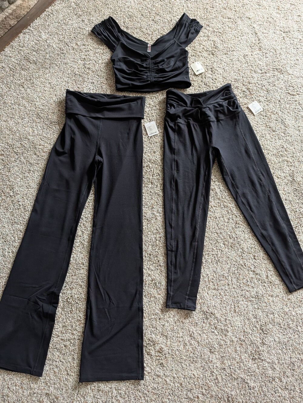 Free People Black Performance Leggings & Crop Top Set And Flare Fold Over Pants